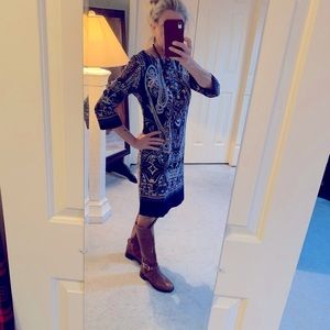 Chico’s multi-color dress with back zip. Very comfy, easy-wear, east-care size 4